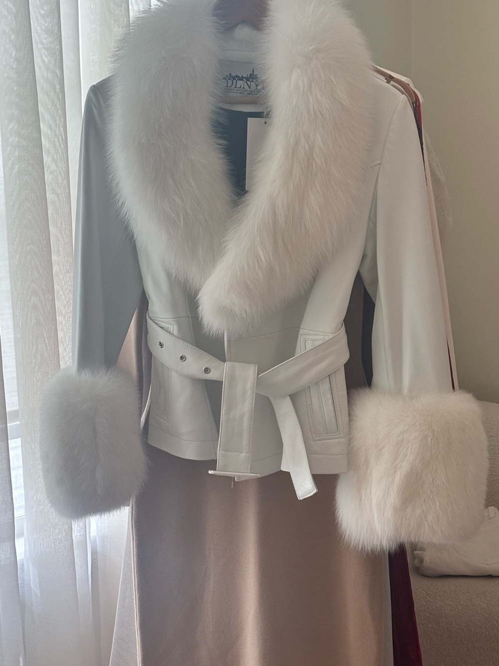 White Fox Fur Trim Belted genuine Leather Jacket